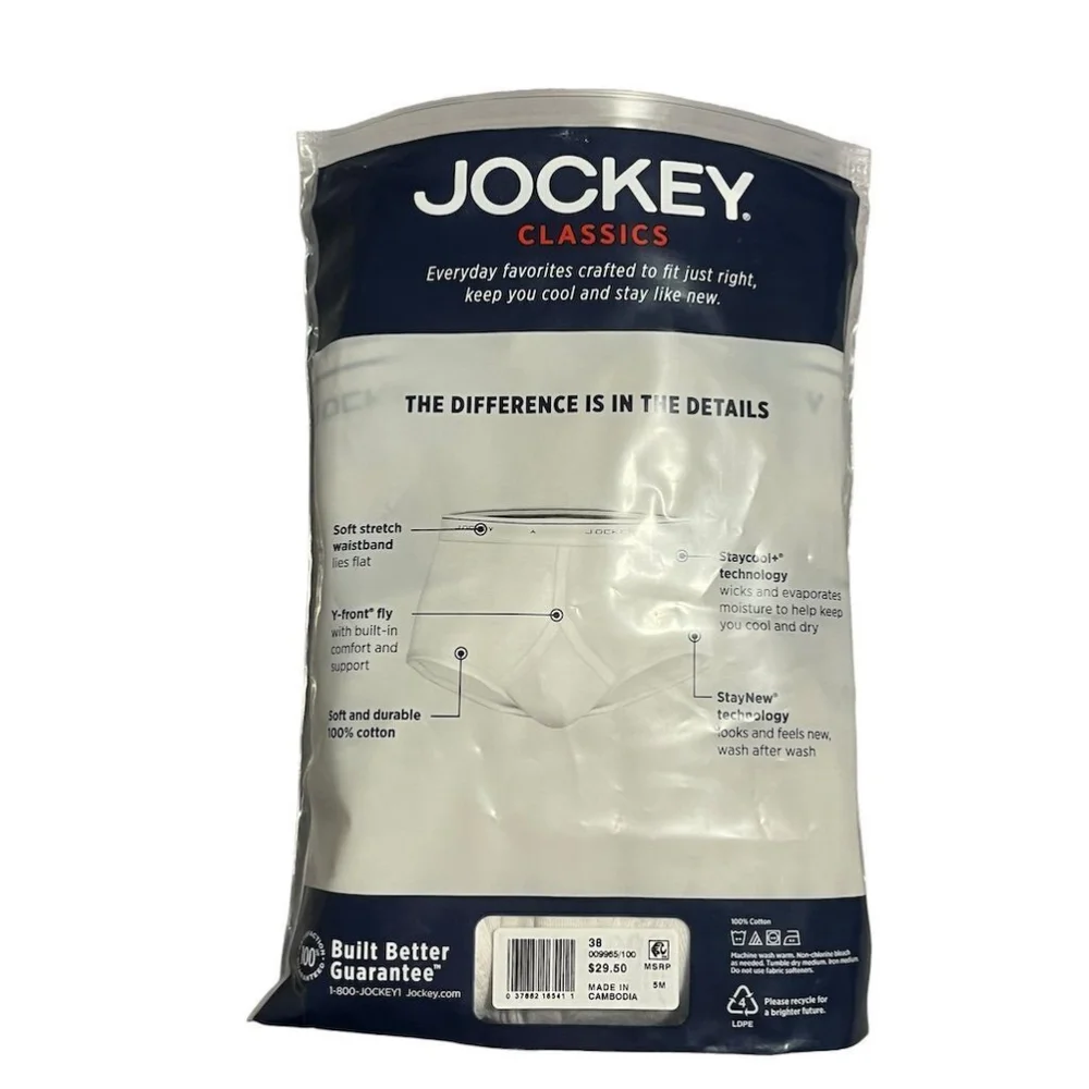 Jockey Briefs 3 Pack Mens Full Rise White Size 38
